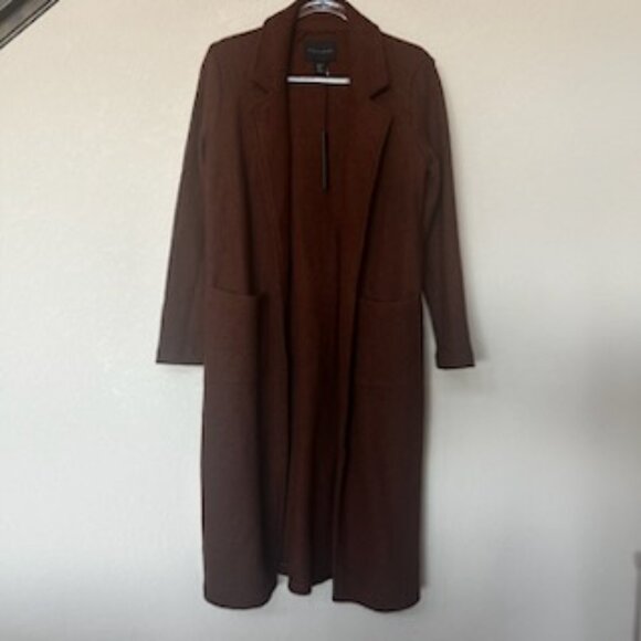 NWT Premium Quality Wool Blend Trendy Brown Open Coat With Oversized Pockets - Picture 12 of 13